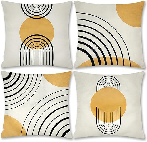 Miniatura 1 de Juego de 4 fundas de almohada de 18 x 18 pulgadas, patrón abstracto amarillo de mediados de siglo, moderno, simple, geométrico, círculo, rayas