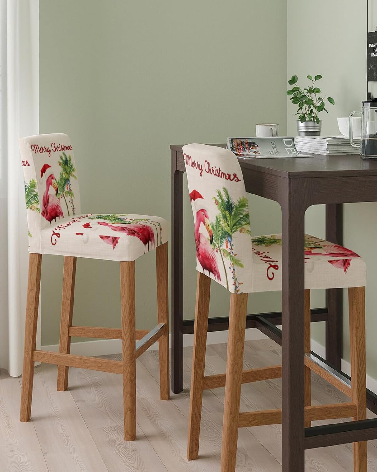 Christmas Flamingos Bar Stool Covers - Stretch Dining Chair Covers Set of 2, Xmas Balls Tree Rustic Bar Chair Covers Removable Counter Stool Pub Chair Slipcovers Protectors for Kitchen/Cafe