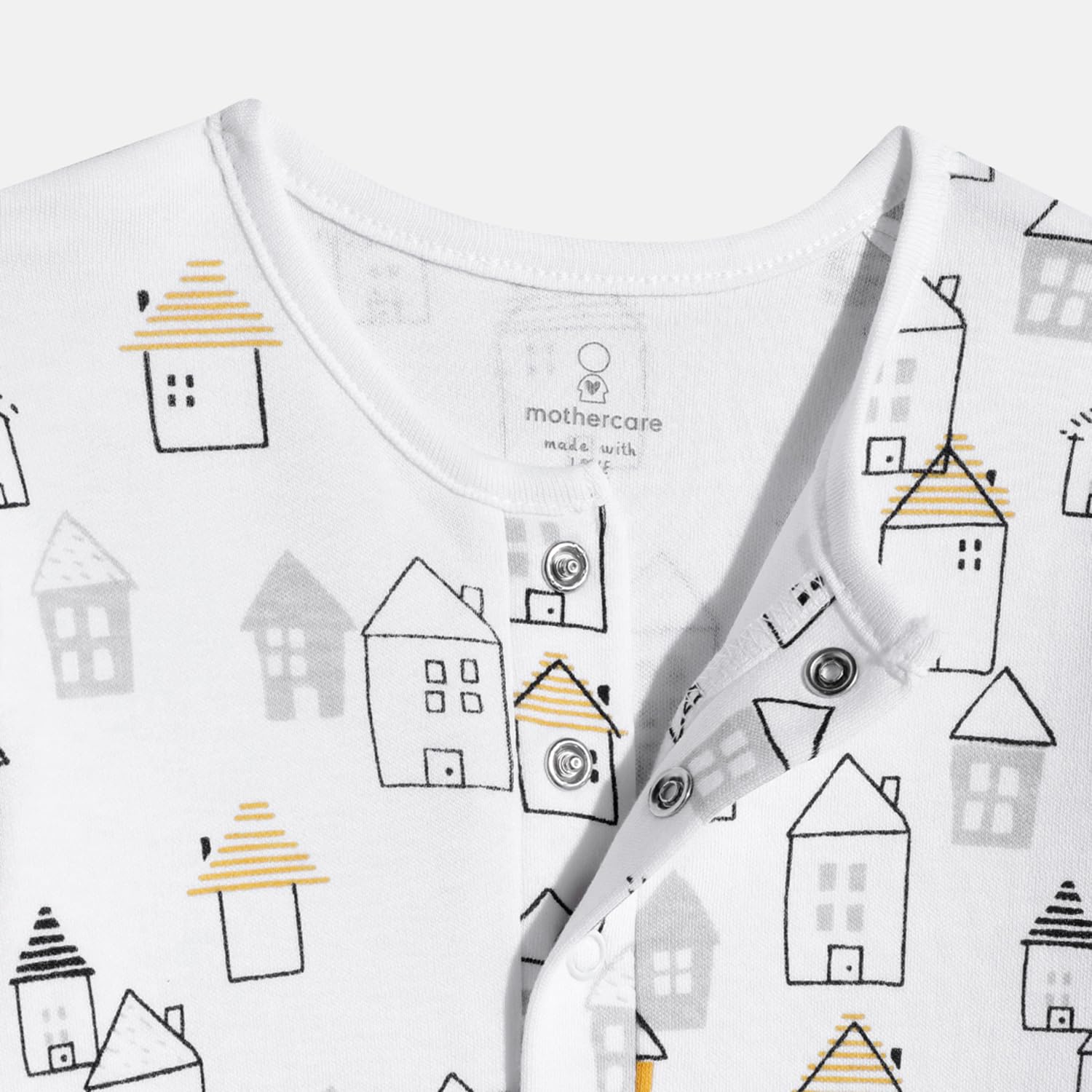 Mothercare Unisex Baby Full Sleeve All-In-One Romper | Happy Homes Printed Infant Sleepsuit Jumpsuit | Soft Cotton Bodysuit for Boys & Girls | Pack of 2, White/Grey 1