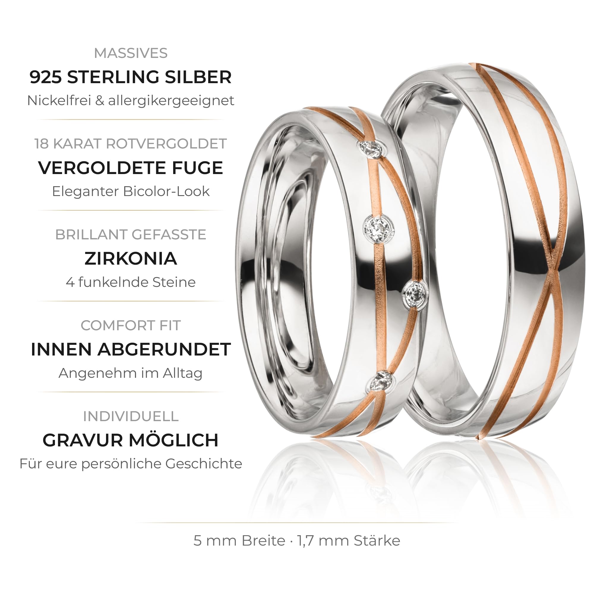 Kolibri Rings Eheringe Set 925 Silber Rot Vergoldet 4 Zirkonia Steine | Wellenförmige Glanzfuge Made in Germany | Partnerringe, Trauringe Paarpreis mit Gratis Gravur & Etui