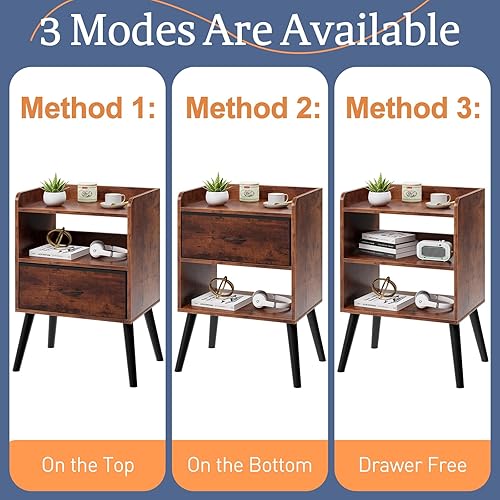 Miniatura 6 de Mesita de noche con estante abierto, mesita de noche con cajón, mesa auxiliar de almacenamiento, mesita de noche con pies de madera maciza, mesitas