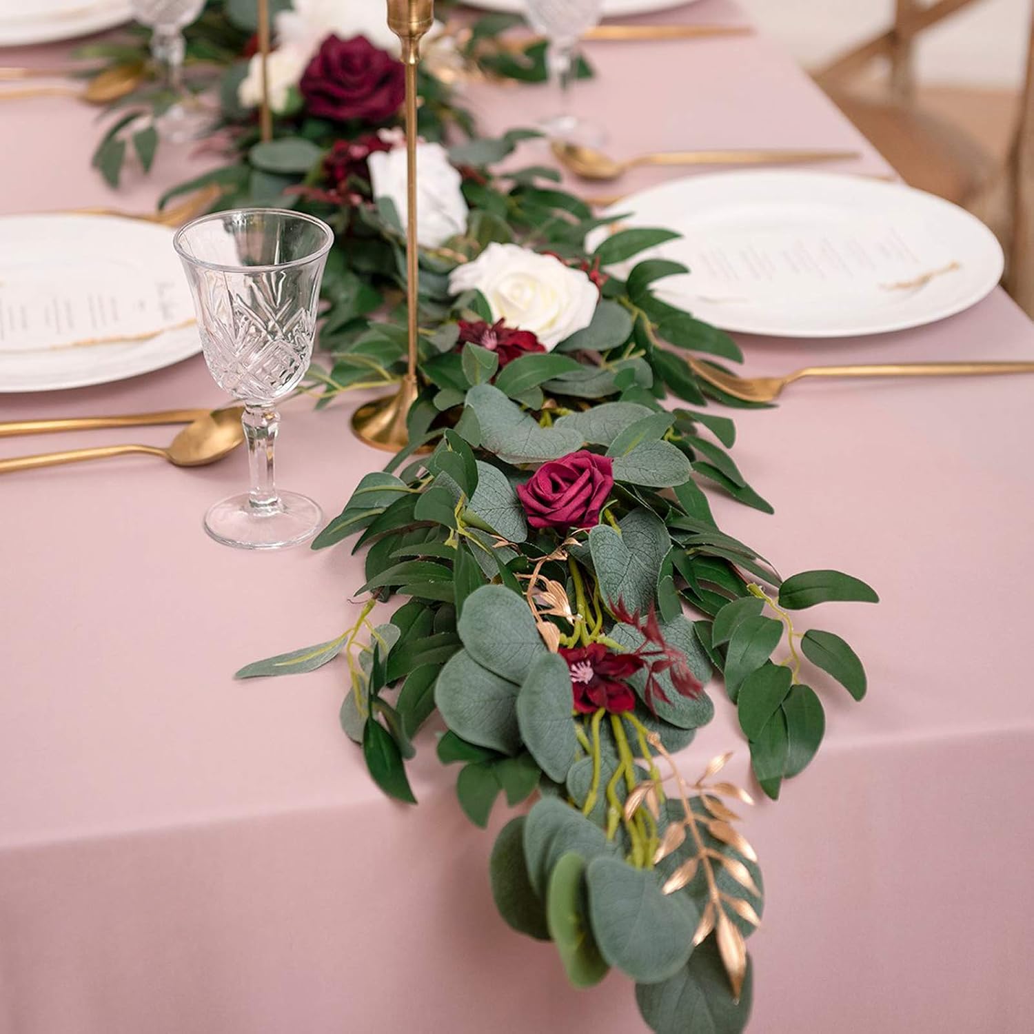 CEWOR 5 Pack 5.9ft Artificial Eucalyptus Garland with Willow Leaves Greenery Garland Faux Silver Dollar Garland for Wedding Centerpiece Party Table Decor Indoor Outdoor Decoration