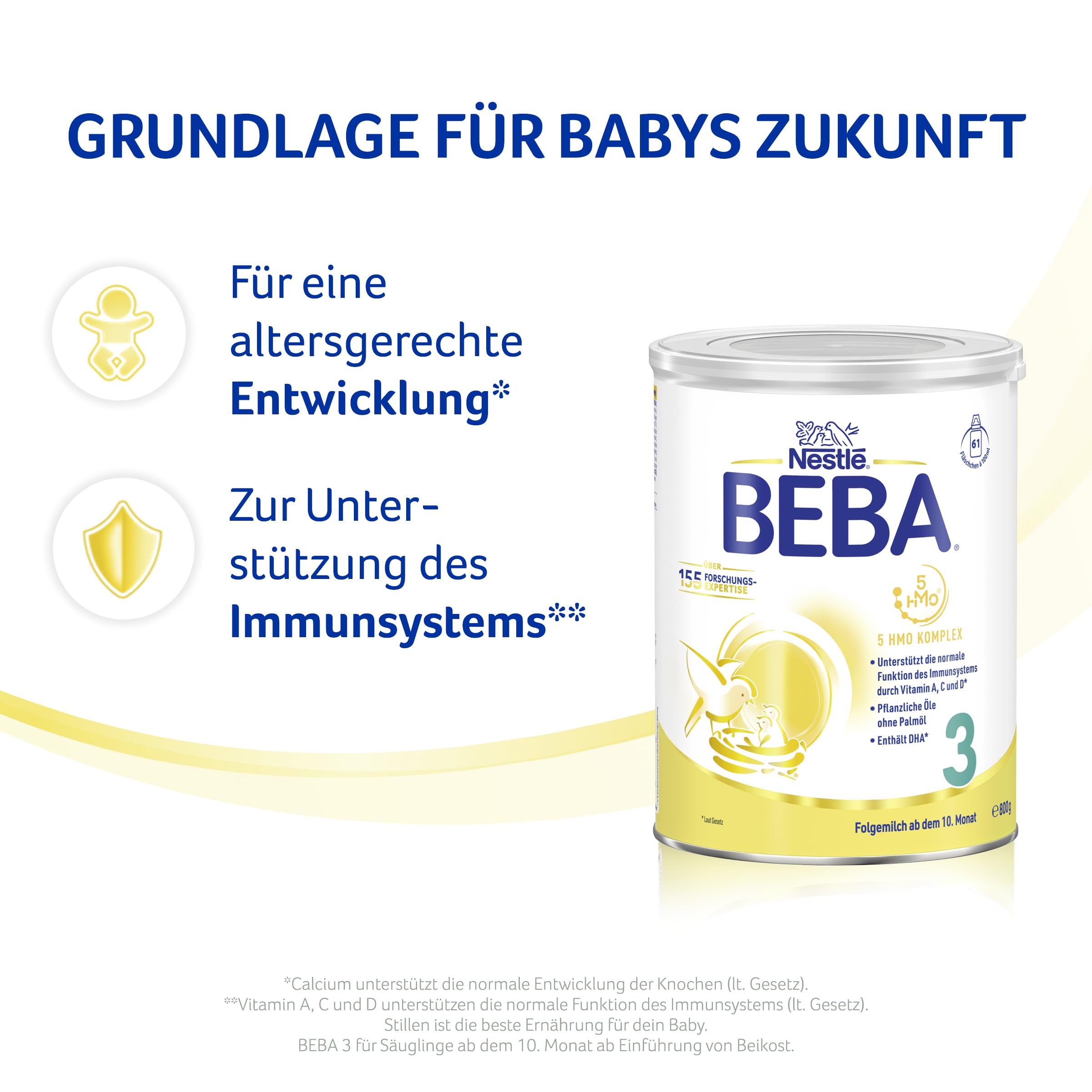 BEBA 3 - Folgemilch ab dem 10. Monat, Mit 5 HMO Komplex, Altersgerecht angepasster Proteingehalt, Nur Laktose, Ohne Palmöl, Ohne Fischöl, Babynahrung, Baby-Milchpulver, 6er Pack (6 x 800g)