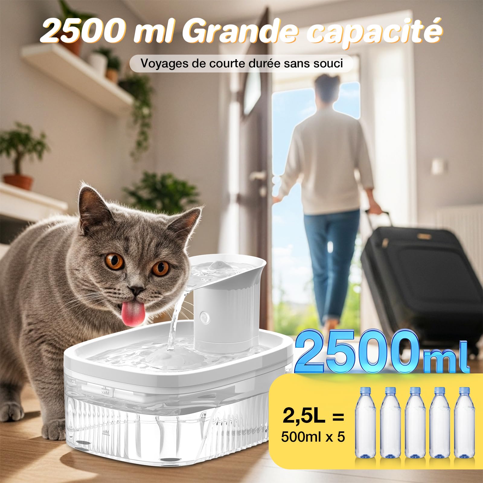 Fontaine a Eau Chat sans Fil 2,5 L, Abreuvoir Silencieux pour Chat