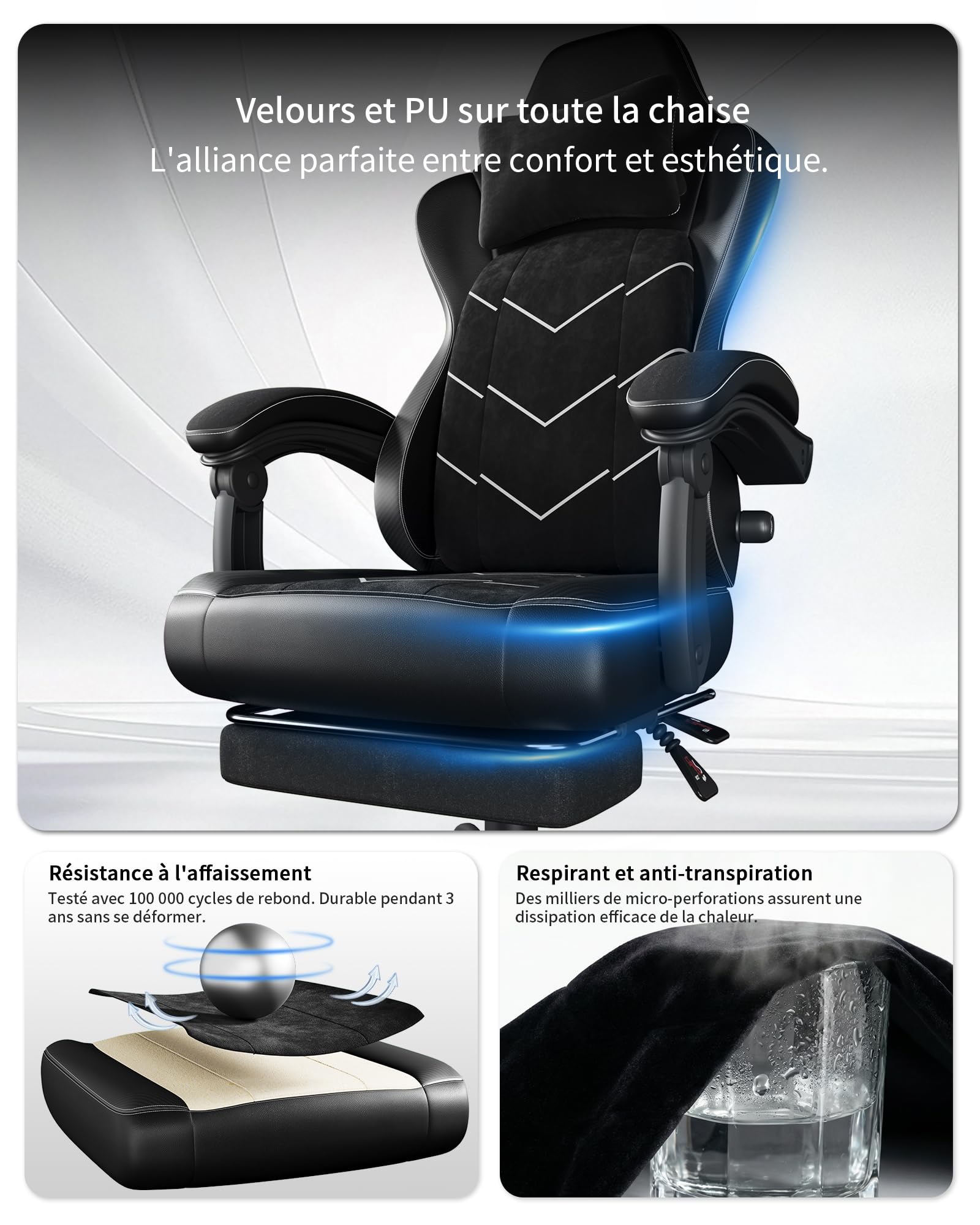 JUMMICO Chaise de Bureau Ergonomique avec Soutien Lombaire Dynamique & Repose-Pieds, Fauteuil Gaming pour Confort à Long Terme, Tissu Respirant pour Home Office, Noir