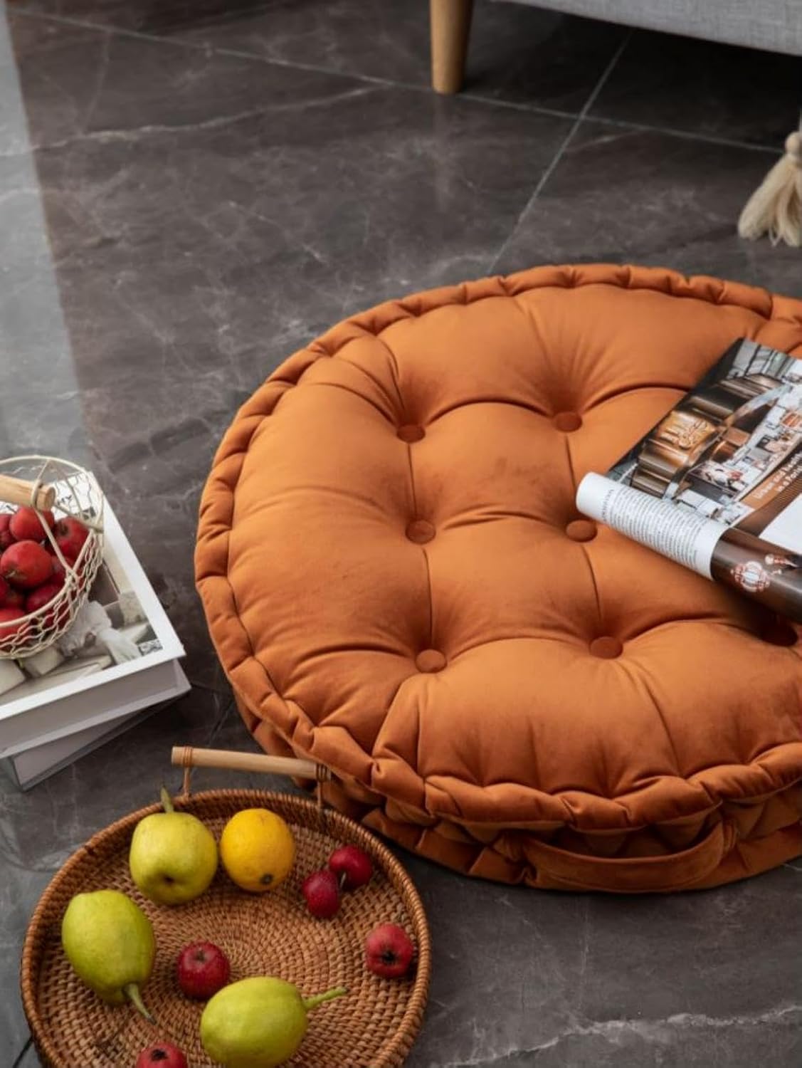 MOJUN Round Floor Pillows, Large Solid Color Dutch Velvet Floor Seating Cushion with Handle for Adults, Thicken Round Meditation Pillow Floor Cushion for Yoga Living Room Chair Tatami, Orange