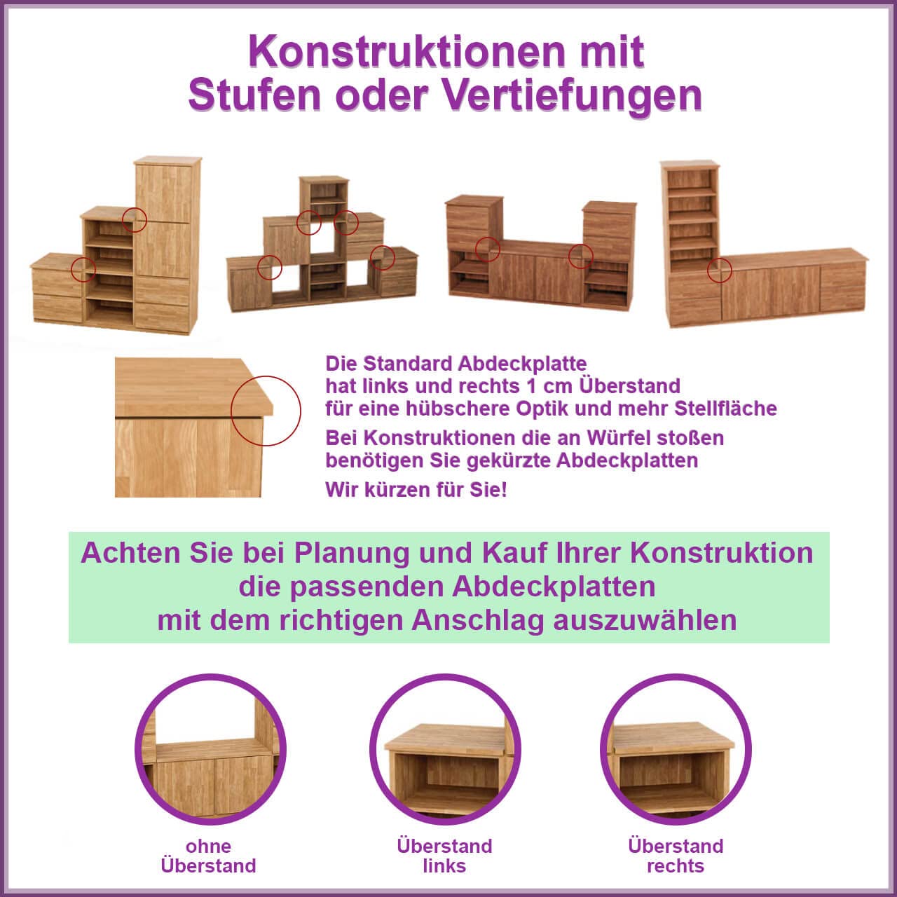 Square Massivholz 3er Abdeckplatte | für 3X Cube 40 cm in Eiche - Anschlag Links + Rechts | Zubehör für individuelles Flexibles Würfelregal | Erweiterungen für Regalsystem