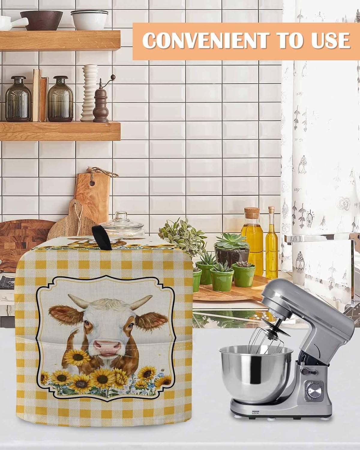 Yak Sunflowers Stand Mixer Cover with Storage Pocket, Waterproof Kitchen Mixer Covers, Yellow Floral Checkered Elegant Pastoral Rustic Kitchen Appliance Dust Cover Compatible with 4/4.5 Quart Mixers