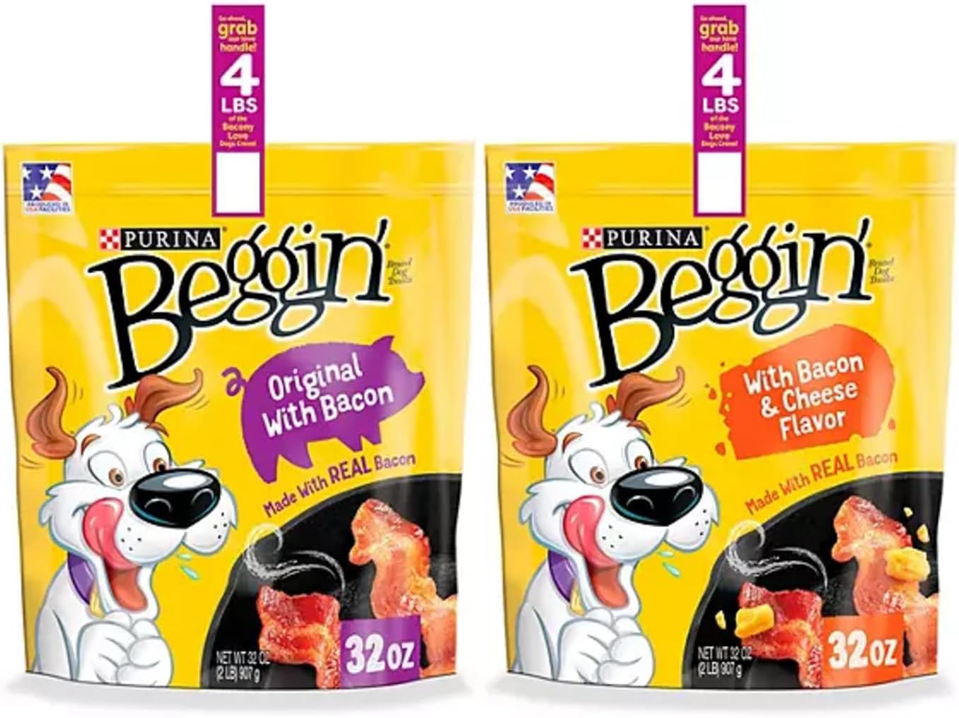 Beggin' Strips Dog Treats By Purina Bundle of 2 Lg. Bags (1) Bacon & (1) Bacon and Cheese 2 lbs. Each