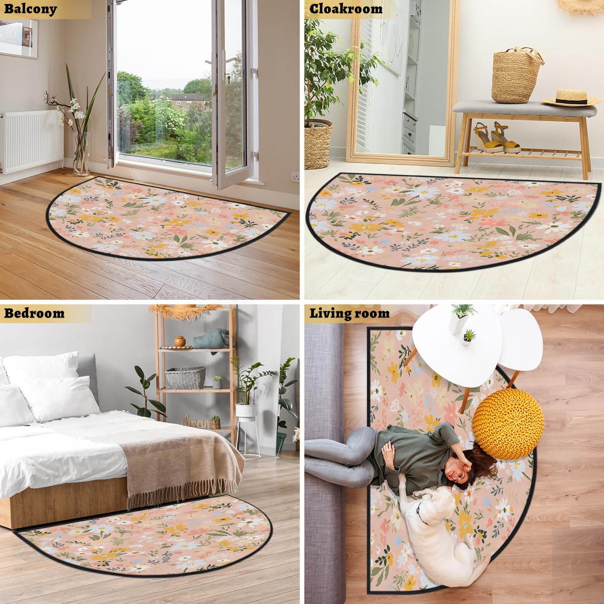 Mexpekil Paillasson demi-rond antidérapant lavable - Motif feuilles et fleurs roses - Demi lune - Pour intérieur et extérieur - 100 x 160 cm