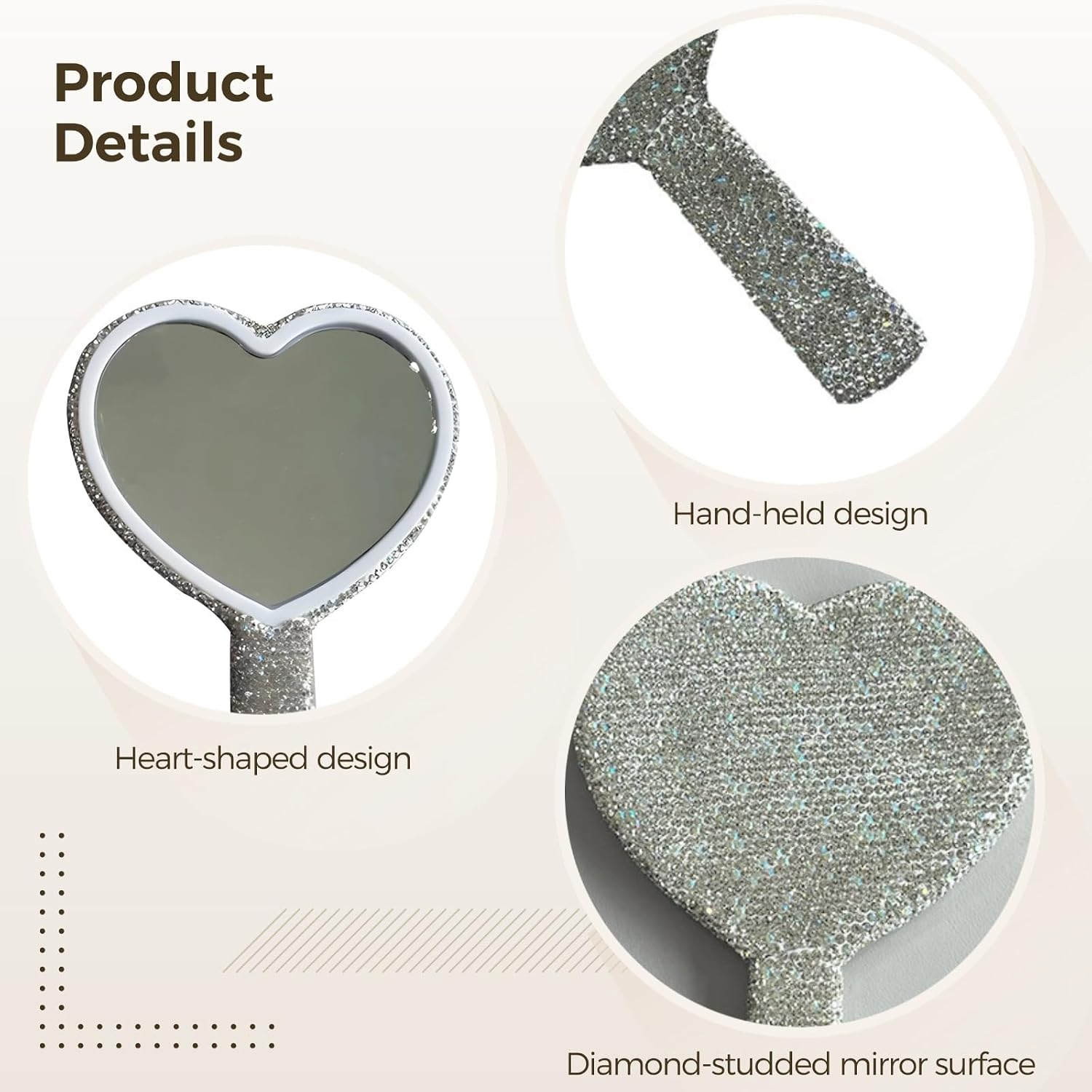 Varku Heart Rhinestone Hand Mirror, Portable White Travel Cosmetic Mirror