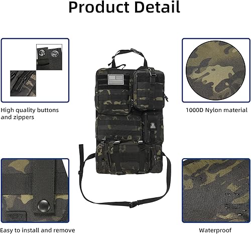 Miniatura 3 de Organizador táctico para respaldo de asiento de automóvil, organizador táctico Molle con 6 bolsas Molle desmontables, universal para automóvil,
