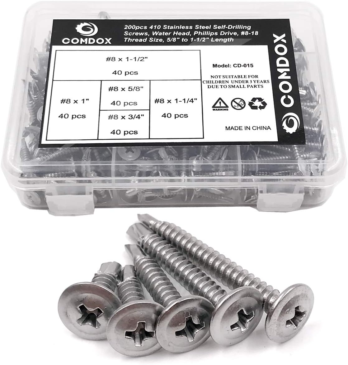 200-Pack Self Drilling Screws Kit Set, 410 Stainless Steel, Wafer Head Phillips Sheet Metal Tek Screws Assortment Kit, Modified Truss Head, 8-18 Thread Size, 5/8" to 1-1/2" Length