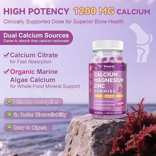 Miniatura 5 de 2 unidades de calcio sin azúcar, 1200 mg con vitamina D3 K2 (MK-7), citrato de calcio, magnesio, zinc suplemento con boro, glucosamina condroitina,