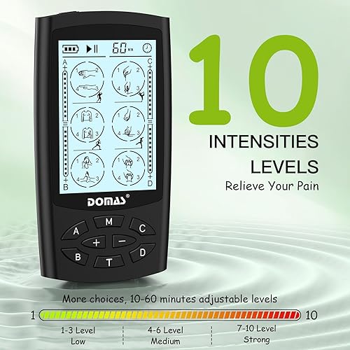 Miniatura 8 de DOMAS Unidad TENS con 4 salidas de canal, unidad TENS EMS estimulador muscular para aliviar el dolor de espalda, dispositivo portátil y recargable