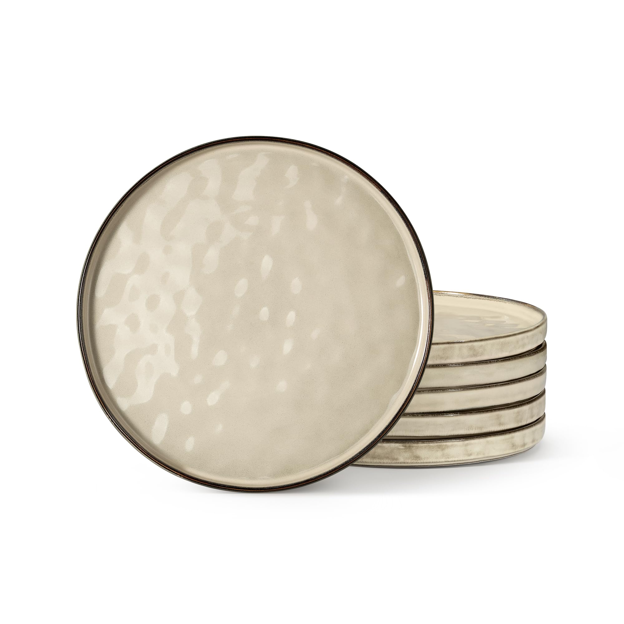 Onader Dessertteller 6er set, 20,2 cm Teller Steingut, klein Kuchenteller Porzellan mit Randerhöhung, Geschirr Essteller zum Servieren, Anti-Kratzer & Mikrowellenfest – Cappuccino Khaki