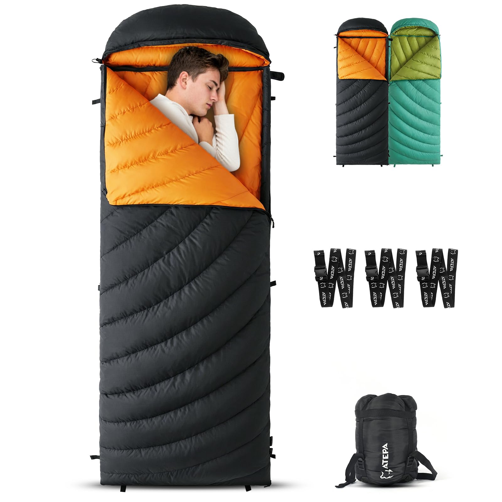 ATEPA Ultraleichter Daunenschlafsack 650/700FP, 3-Jahreszeiten (12°C / 6°C / -1°C), Leicht & Kompakt, Wasserabweisend, Ideal für Camping, Wandern, Trekking & Rucksackreisen, Mit Kompressionssack
