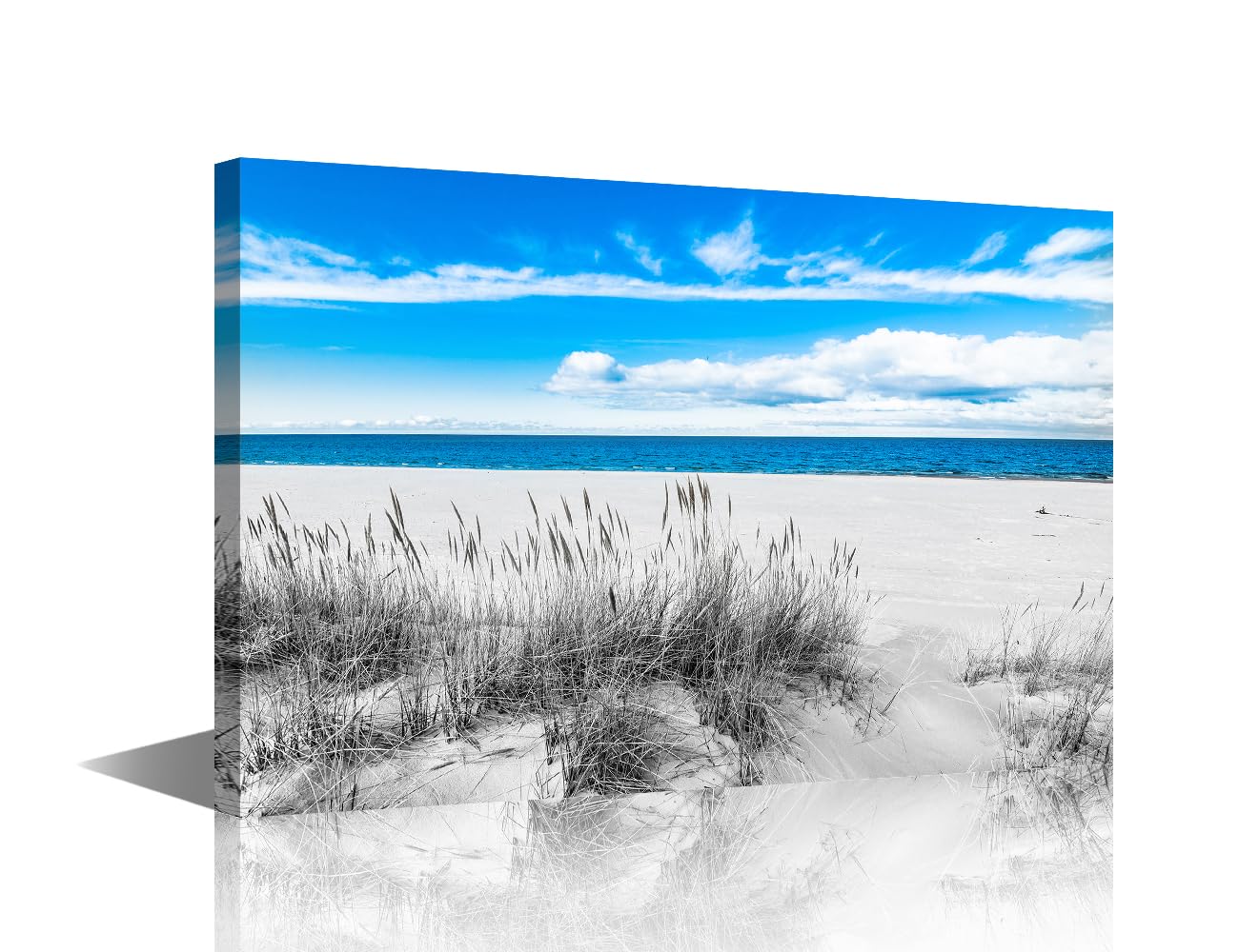 TISHIRON Beach Canvas Wall Art for Home Decor Artwork Sea Sandy Black and White Beach Landscape Painting Blue Sky for Dining Living Room Framed Ready to Hang 12x18inch โ image 1