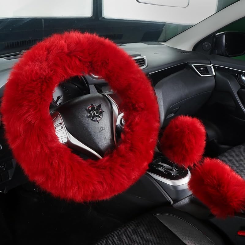 Kit de capas para volante, câmbio e freio de mão em lã de cordeiro vermelha FL FLMAPLES para carro