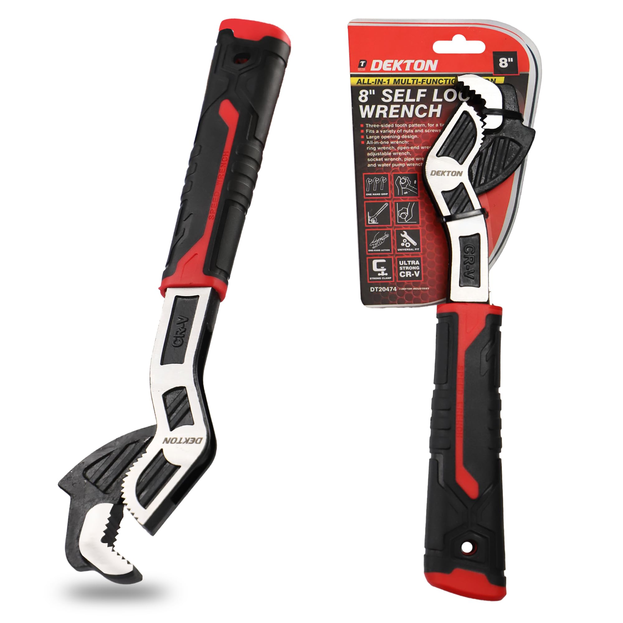 Dekton Sum Self Locking Wrench 8"-Three-Sided Tooth Pattern Coverage| Not Easy to Slip| Strong Clamping| Applicable to Variety of Nuts & Screw| Large Opening Design, Range: 7-43mm| Fast Self-Locking