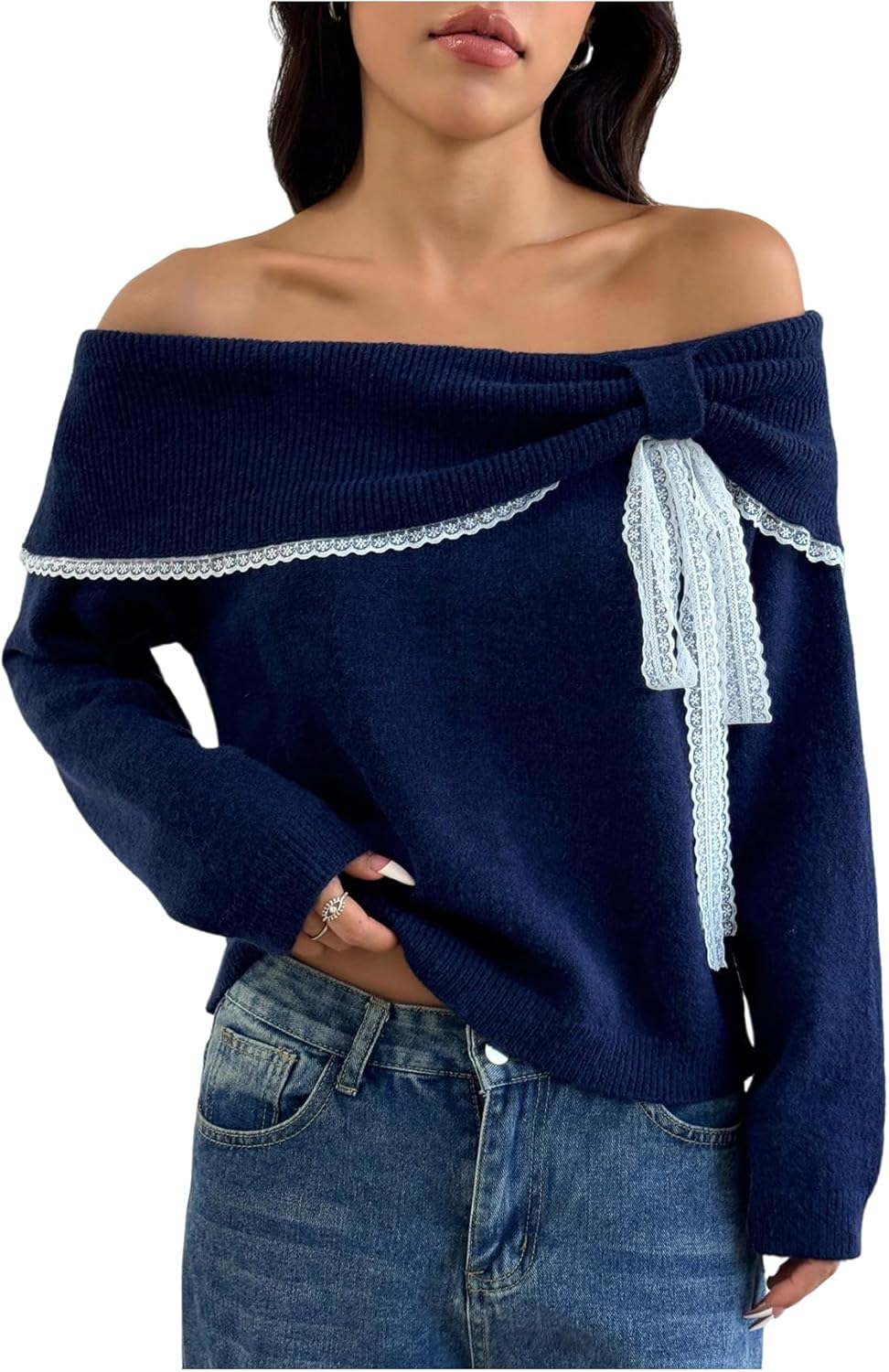 SOLY HUX Women's Off The Shoulder Sweater Pullover Lace Bow Tie Long Sleeve Knit Aesthetic Top