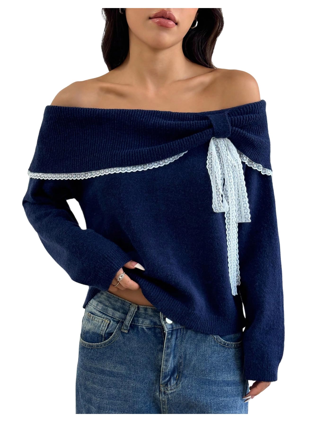 SOLY HUX Womens Off The Shoulder Sweater Pullover Lace Bow Tie Long Sleeve Knit Aesthetic Top