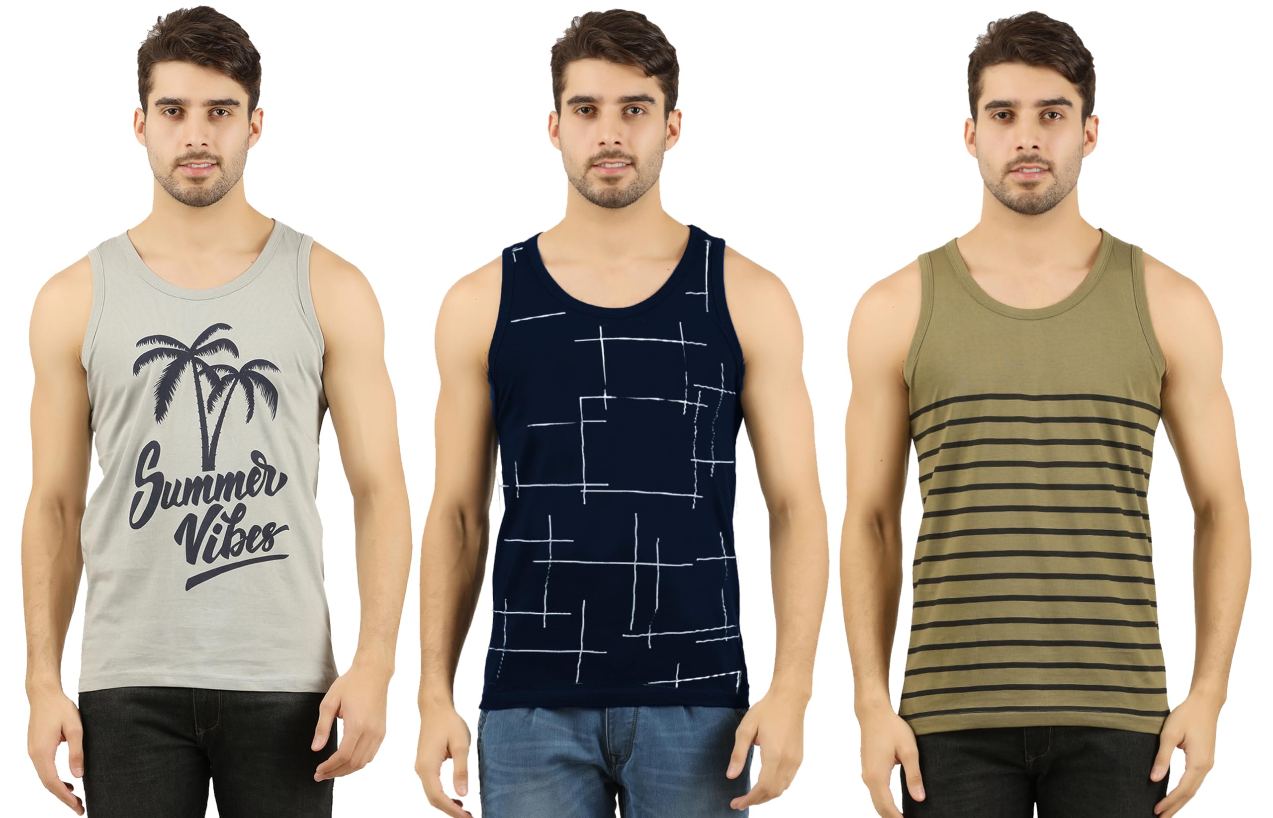 THE ARCHERMen's Cotton Printed Vest (Pack of 3)