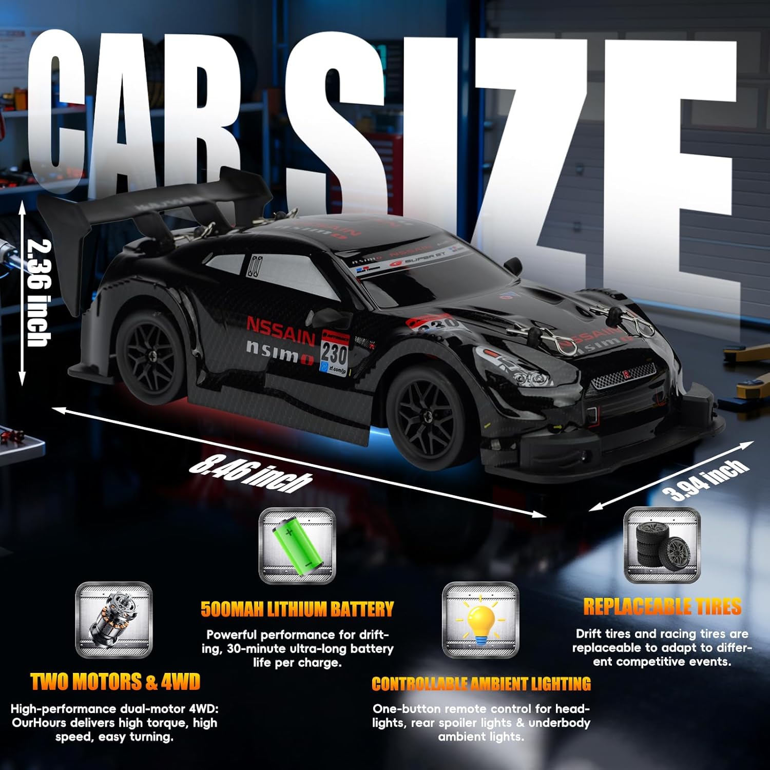 RC Drift Car, 1:24 Scale Remote Control Drift Cars, 2.4GHz 4WD Drifting Cars, 30km/h High-Speed RC Race Car Vehicle, Racing Sport Toy Ideal Gift for Boys Girls Kids