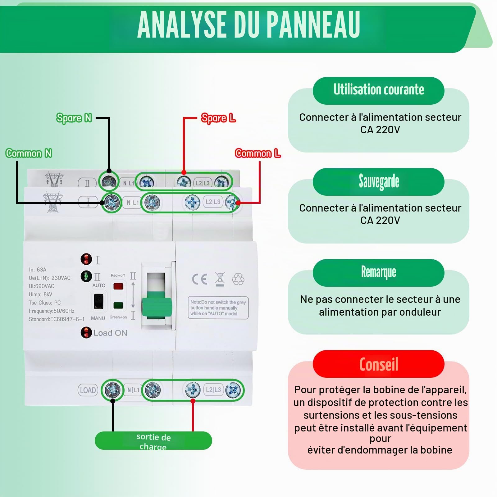 Commutateur de Transfert Automatique, ATS 4P 63A 400V pour Rail DIN | Commutateur Bipolaire Double Alimentation, Commutateurde Charge Électrique pour Alimentation Triphasée