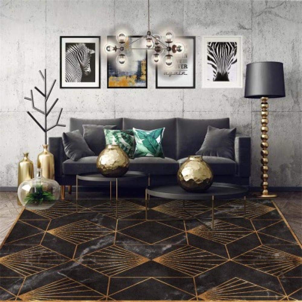 Tapis de salon 140x200 marbre noir et lignes dorées lavable