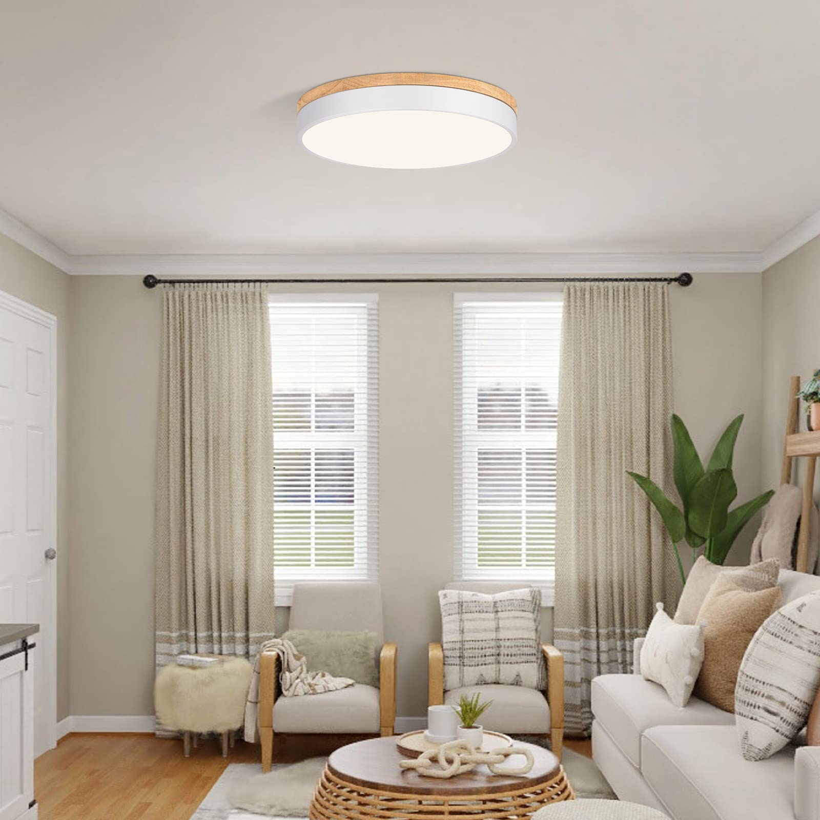 Yasince Dimmable Wood LED Flush Mount Ceiling Light, Modern Round Close to Ceiling Lighting Fixtures, Minimalist White Ceiling Lamp for Living Room, Bedroom, Kitchen, Hallway, Laundry Room (15.8")