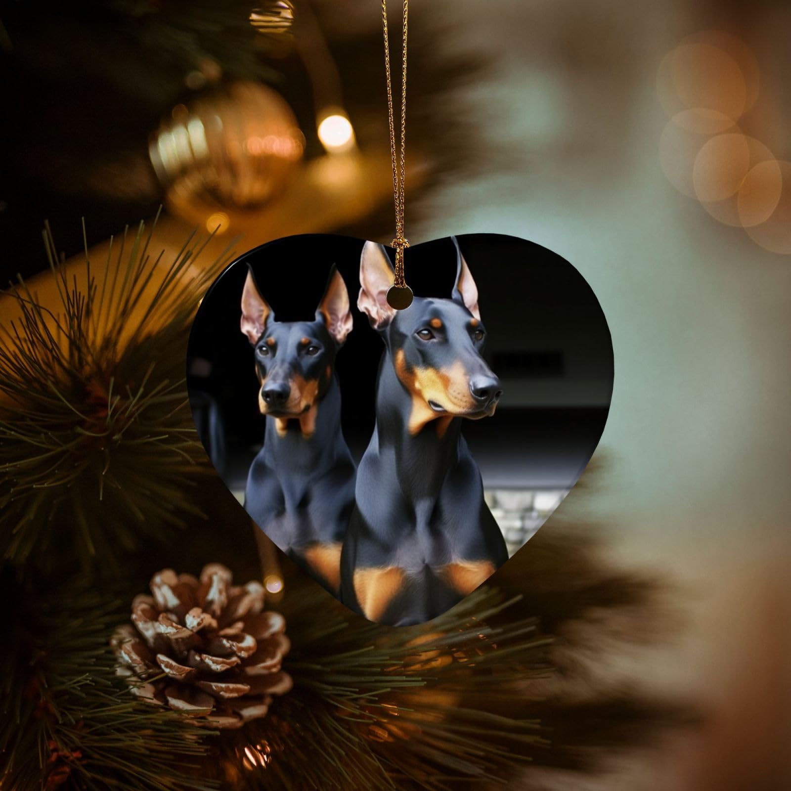 Christmas Tree Ornaments Ceramics Christmas Decorations Doberman Ornaments with Gold Ribbon Porcelain Xmas Tree Crafts Heart Shape Hanging Pendant for Christmas Tree Party Decor