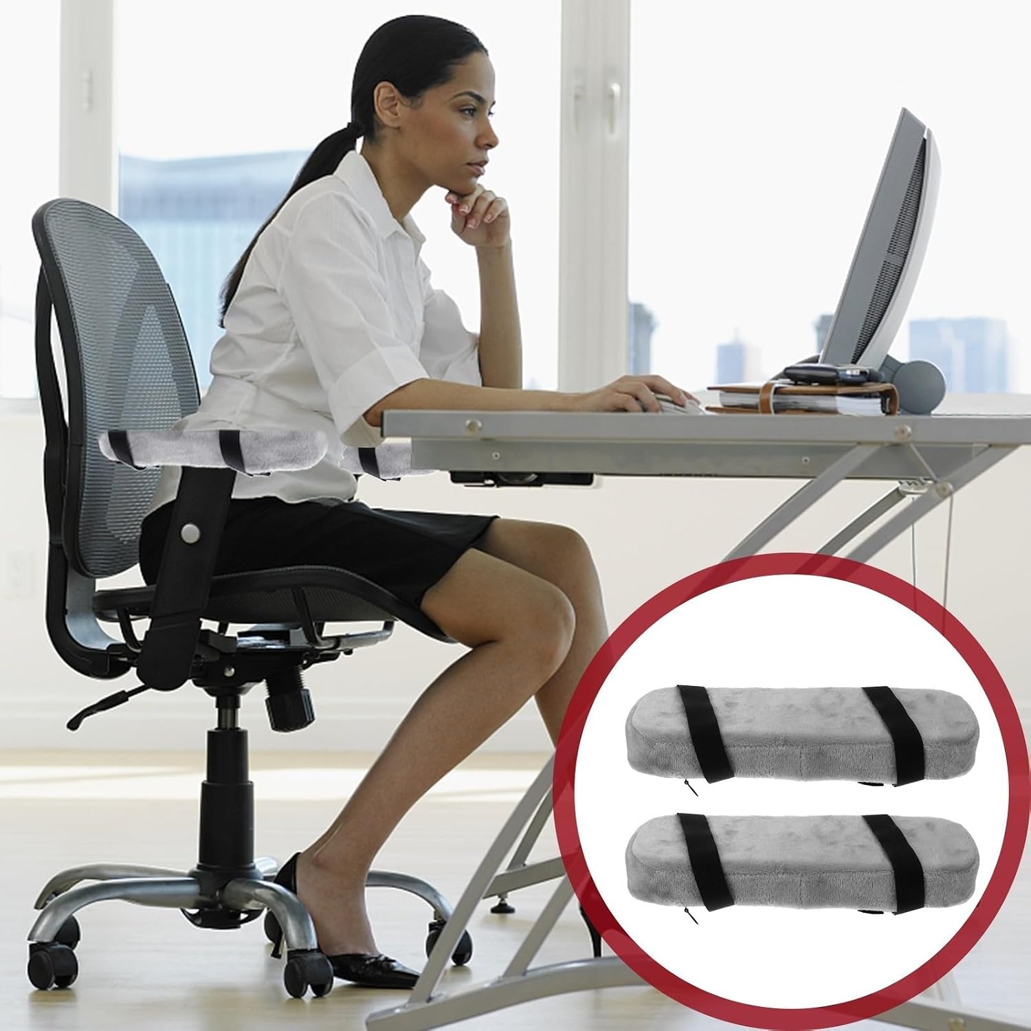 2pcs Memory Foam Chair Armrest Pad with Adjustable Straps for Office