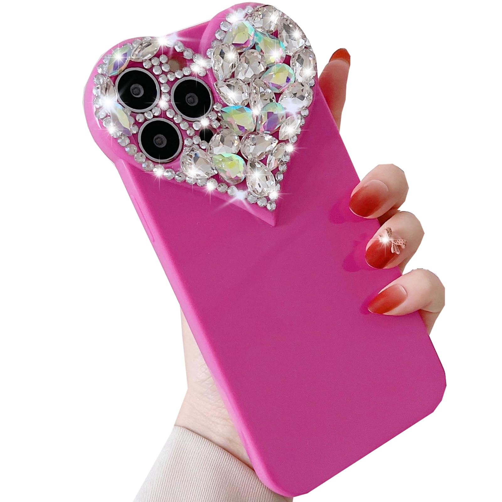 Changjia Glitter Case for iPhone 15 Pro Max,Cute 3D Heart Design Diamond Rhinestone Bling Sparkle Camera Soft Silicone Shockproof Women Girls Slim Protective Case for iPhone 15 Pro Max 6.7" (Hot Pink)