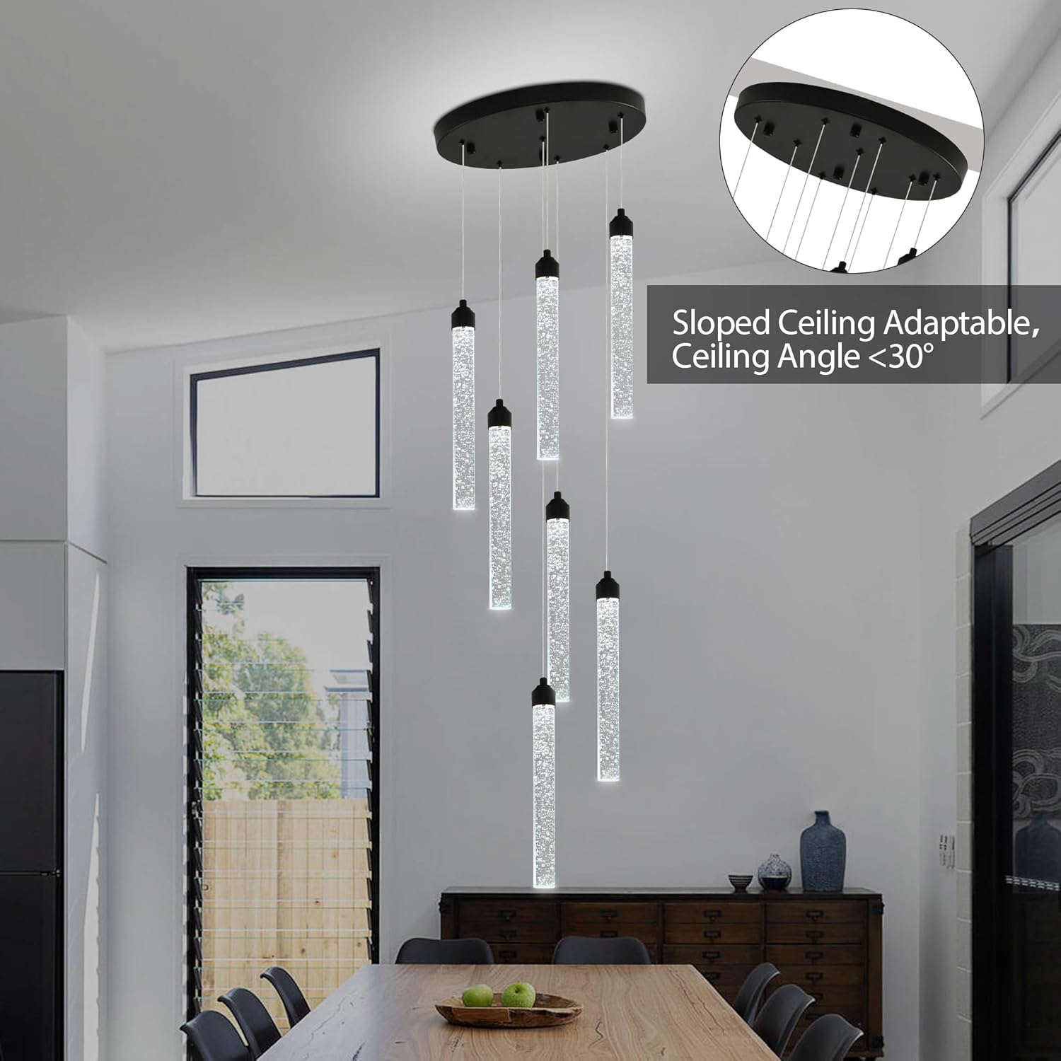 7-Lights High Ceiling Crystal Staircase Chandelier Black Pendant Lights Modern Spiral Raindrop Dimmable LED Bubble Cluster Ceiling Hanging Lighting Fixture for Foyer Living Room Remote Control
