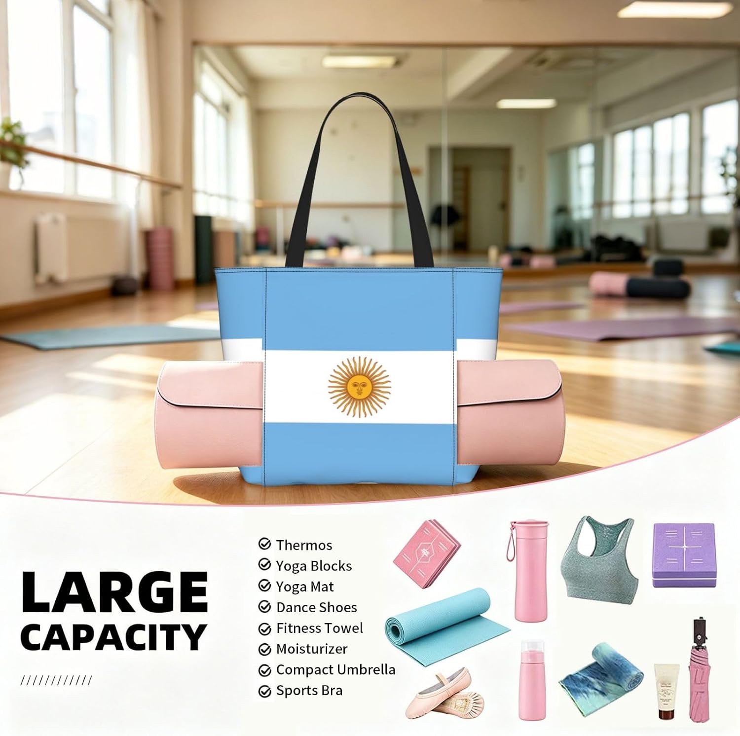 Argentine flag Print Yoga Tote Bag with Mat Holder for Women image 4