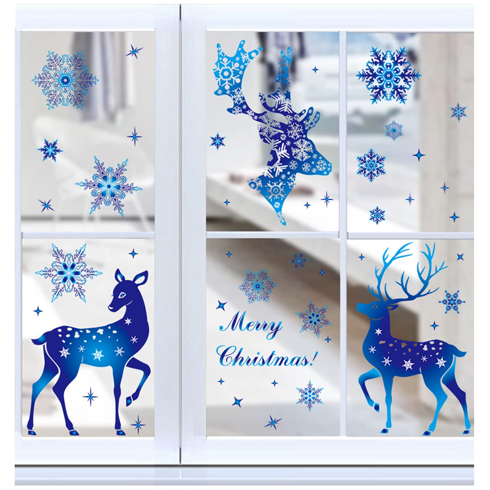 Autocollants de fenêtre de Noël cerf bleu et flocons double face
