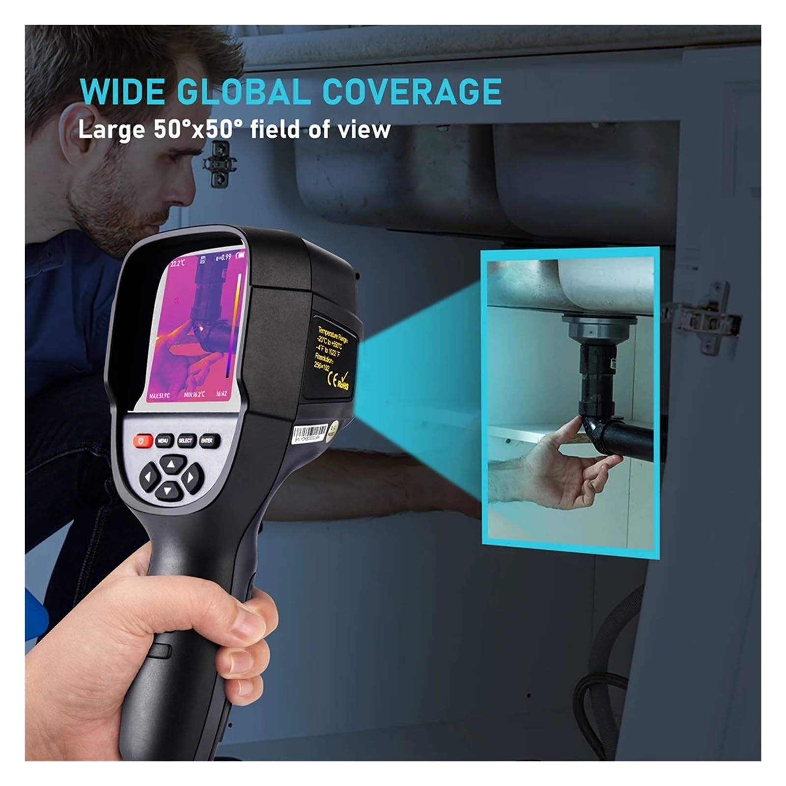 Cámara termográfica for fugas de tuberías agua y energía eléctrica, cámara infrarroja mano 256x192