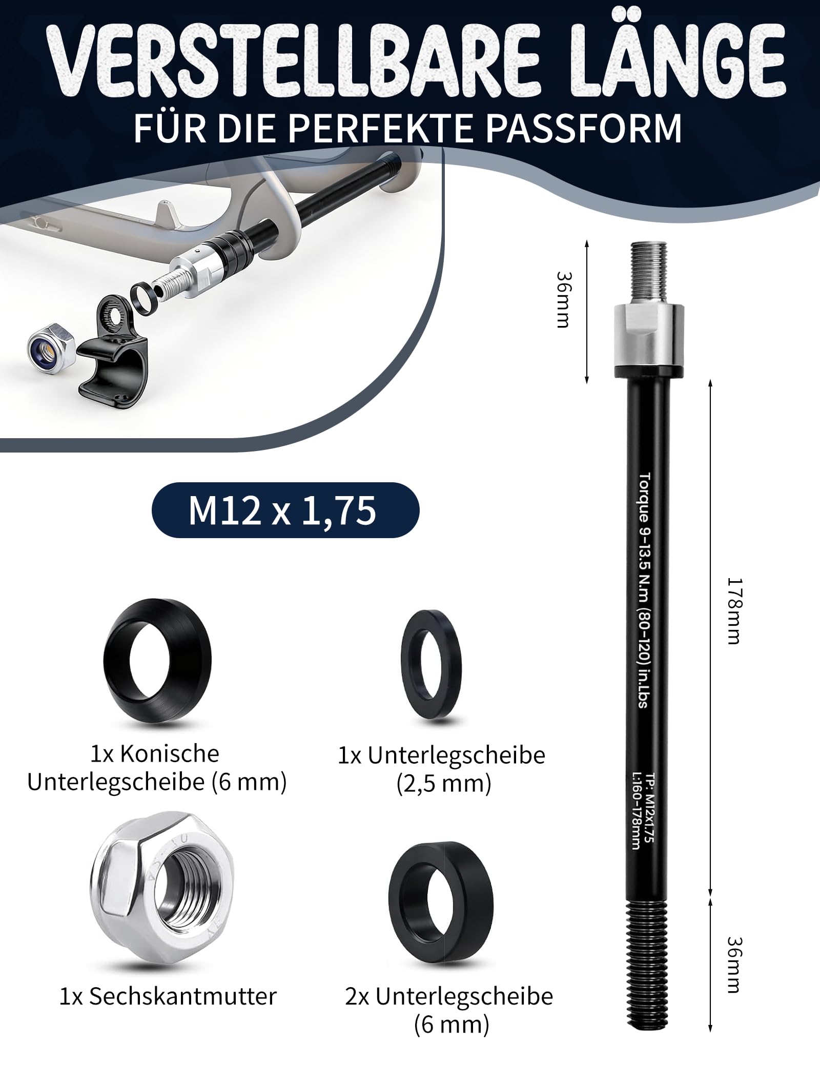 Steckachse Fahrradanhänger Adapter M12, Verstellbar 160-178mm, 3 Gewindearten (1.0/1.5/1.75), Kompatibel mit Thule, Qeridoo, Croozer - Schnellmontage - Robust, Leicht