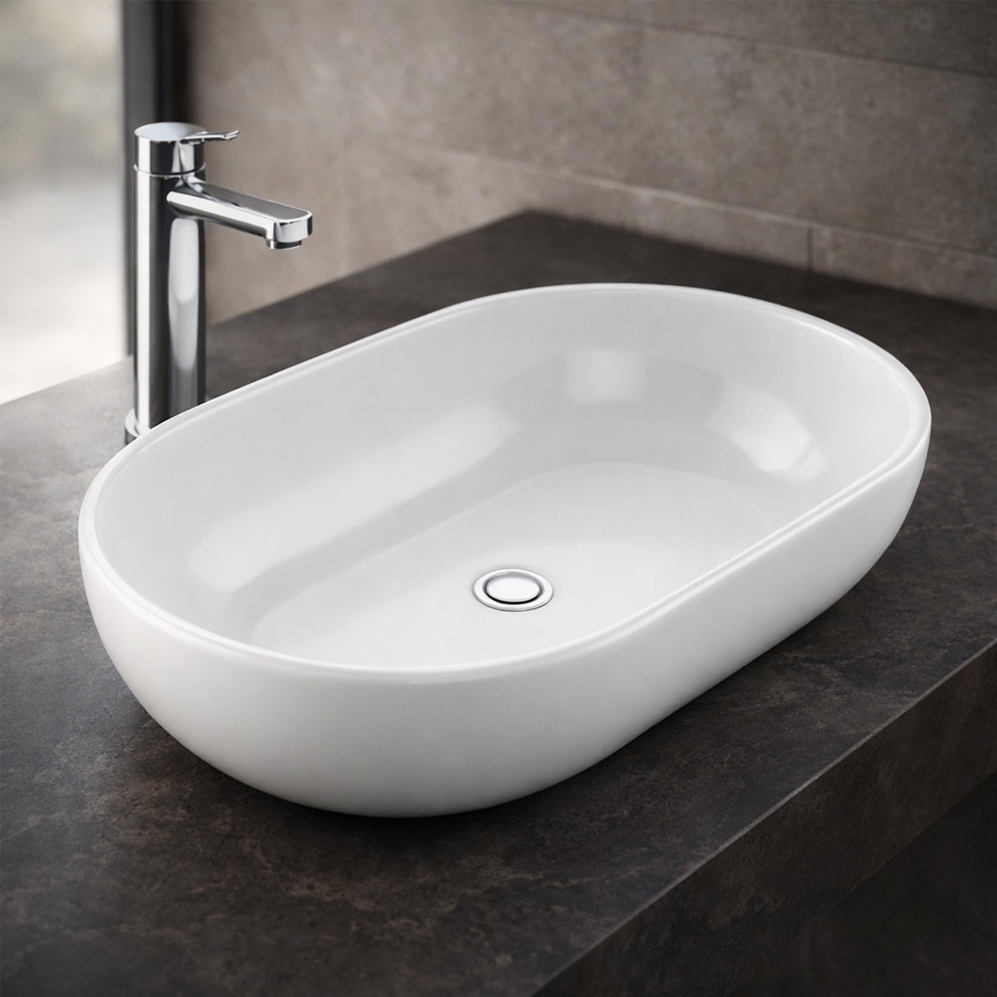 NEG Waschbecken Uno34A ovale Aufsatz-Waschschale 60x43x14,5cm | Extra groß, Schmaler Rand, Nano-Beschichtung