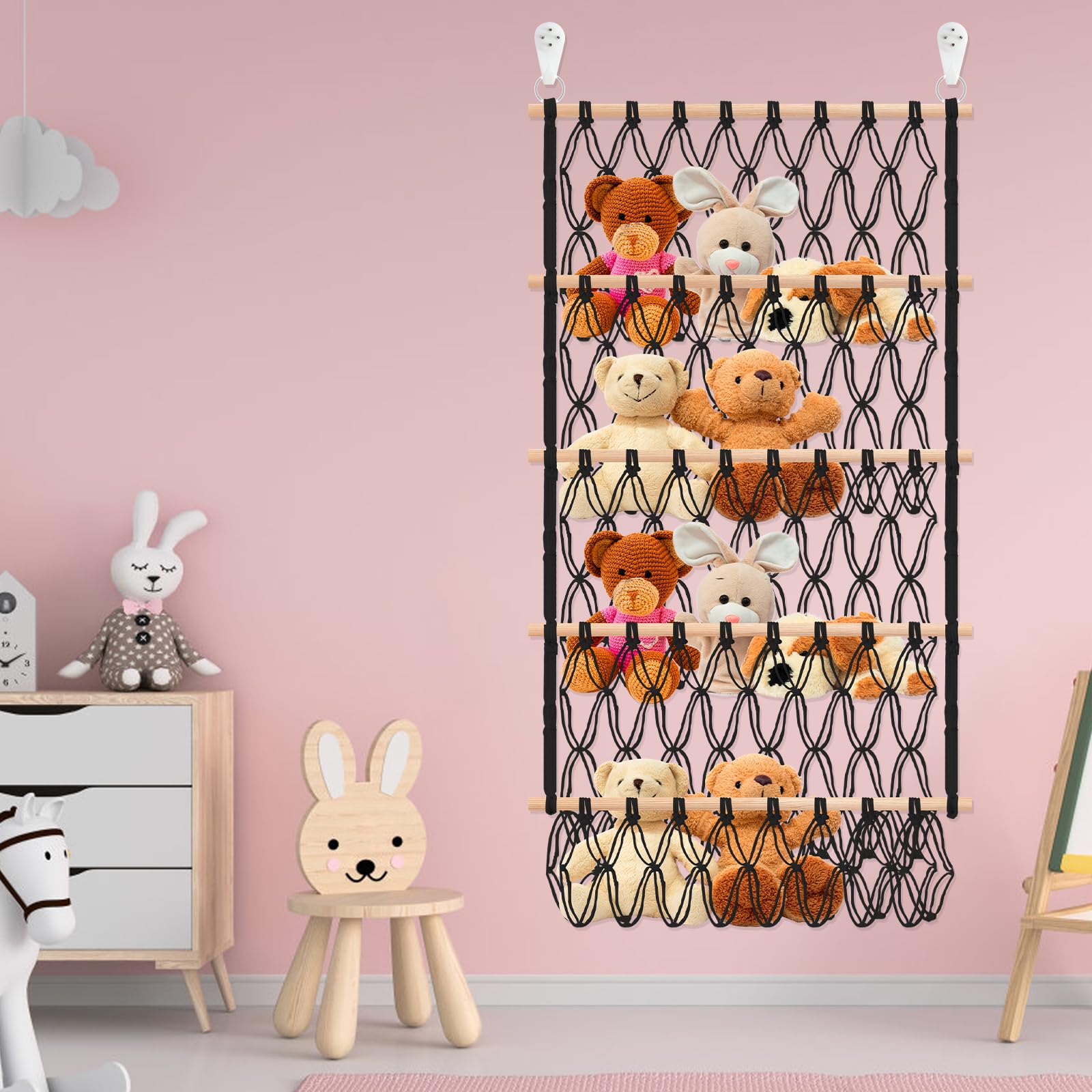 Lulobtg Black Plush Toy Holder Large-Capacity Vertical Toy Storage Organizer 4-Layer Nursery Hanging Storage Hammock Space Saving Stuffed Animals Net For Kids Children Bedroom Door(Black)
