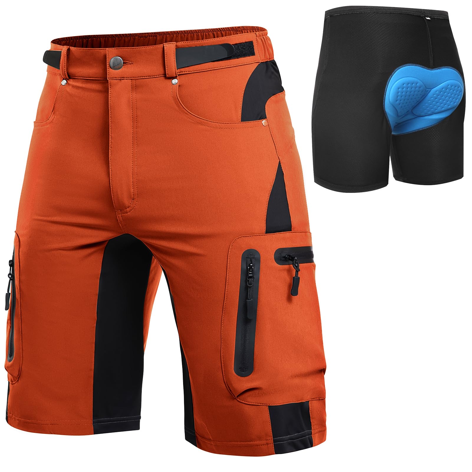 Cycorld MTB Hose Herren Radhose, Schnelltrocknend Mountainbike Hose Fahrradhose mit 4D Sitzpolster, Elastische Outdoor Sport Herren Radlerhose MTB Bike Shorts (Orange-rot mit Unterwäsche, L)