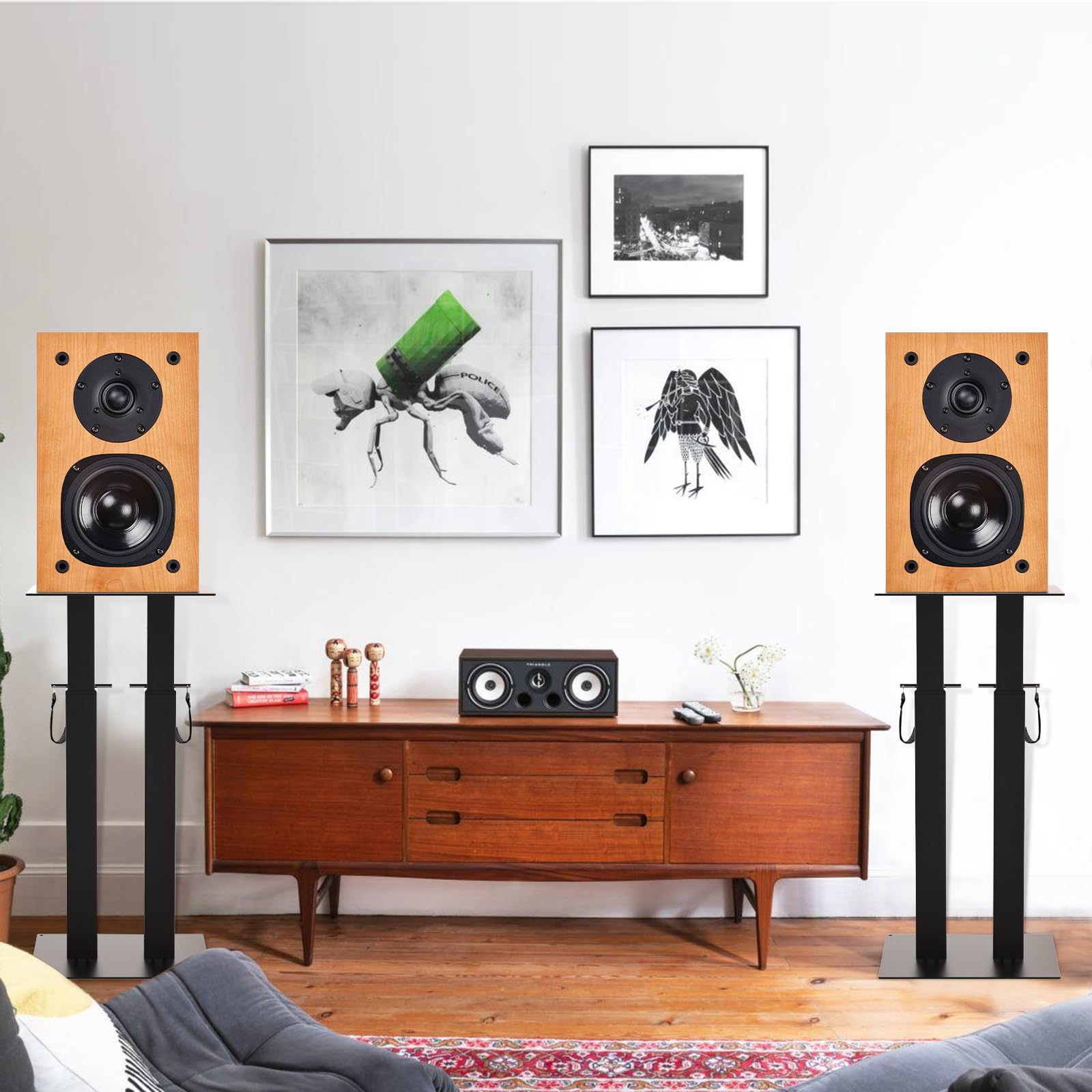 OUUTMEE Supports d'Enceinte Réglable en Hauteur, Lot de 2 Pieds d'Enceintes Universel avec Gestion des Câbles pour Enceintes Satellites Jusqu'à 20KG (Noir)