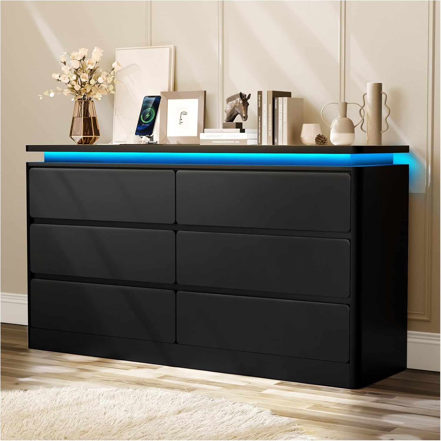 Loomie Upgraded 6 Drawer Black Dresser for Bedroom, 47.2" Long Chest of Drawers with Charging Station & LED Lights, Wooden Storage Cabinet Dresser for Closet,Modern TV Stand with Deep Drawers