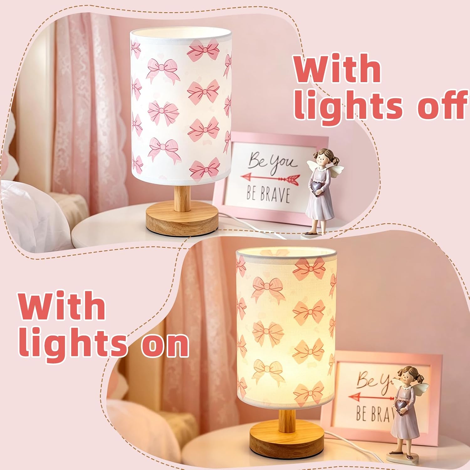Pink Bow Kids Table Lamp,Night Light for Girls Bedrooms Bedside,3-Color Adjustable Dimming Reading Light with Linen Fabric Lampshade and Wood Base for Living Bedroom Child Room Study Home Decor image 5