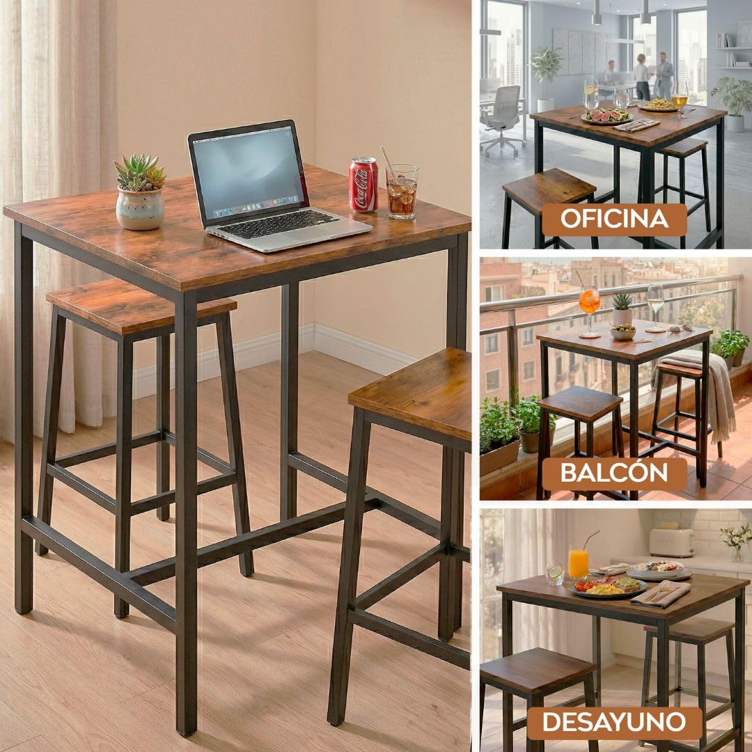 Marctani Juego de Mesa Alta Cocina con Taburetes (Set de 3 Piezas) - Mesa Alta Bar de Estilo Industrial 90 x 60 cm - Estructura de Metal Negra y Madera MDF - Patas Antideslizantes y Antirayones