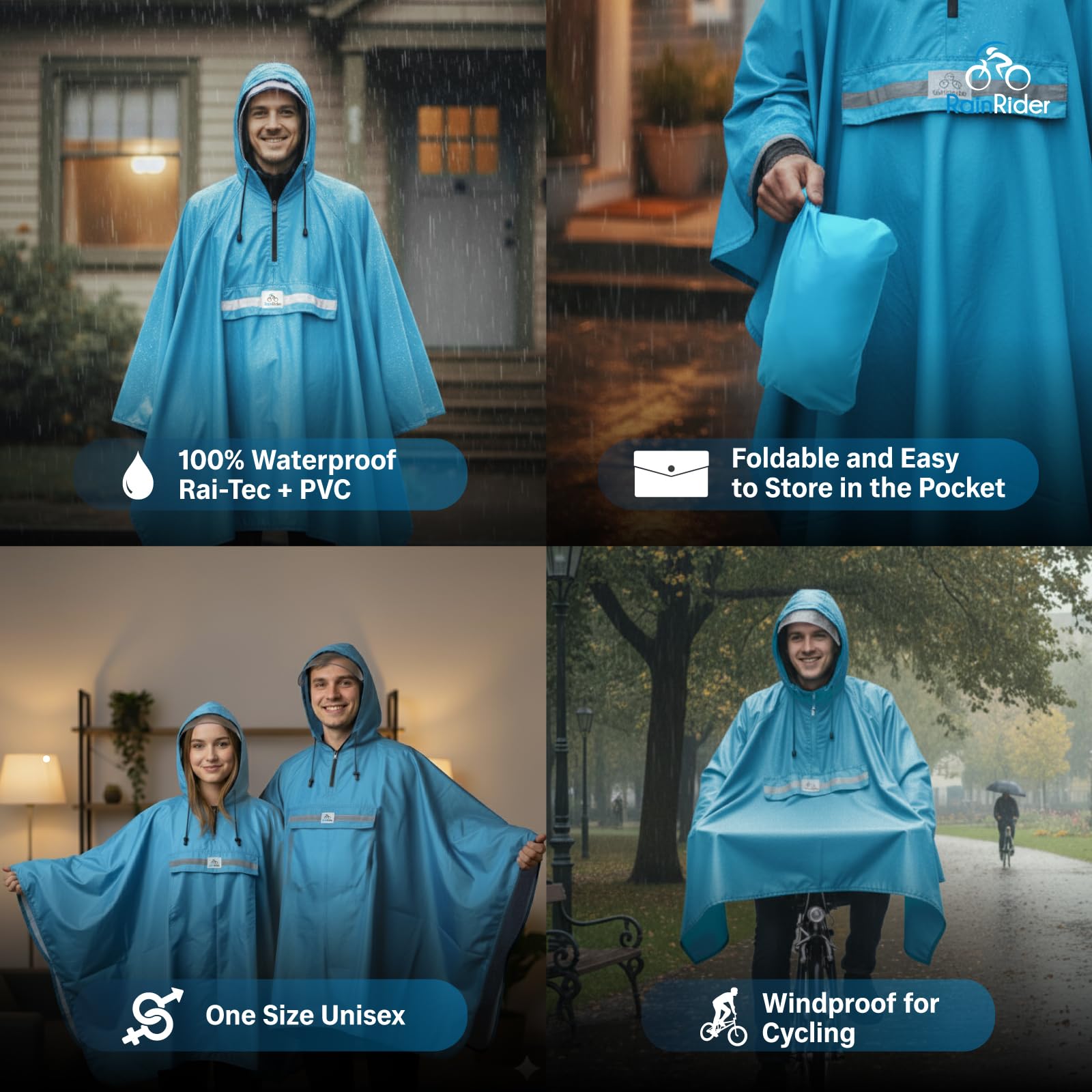 RainRider Ponczo przeciwdeszczowe (horyzont niebieskie) ponczo przeciwdeszczowe na rower, odzież przeciwdeszczowa z kapturem w zestawie z okienkiem, peleryna przeciwdeszczowa rower z paskami