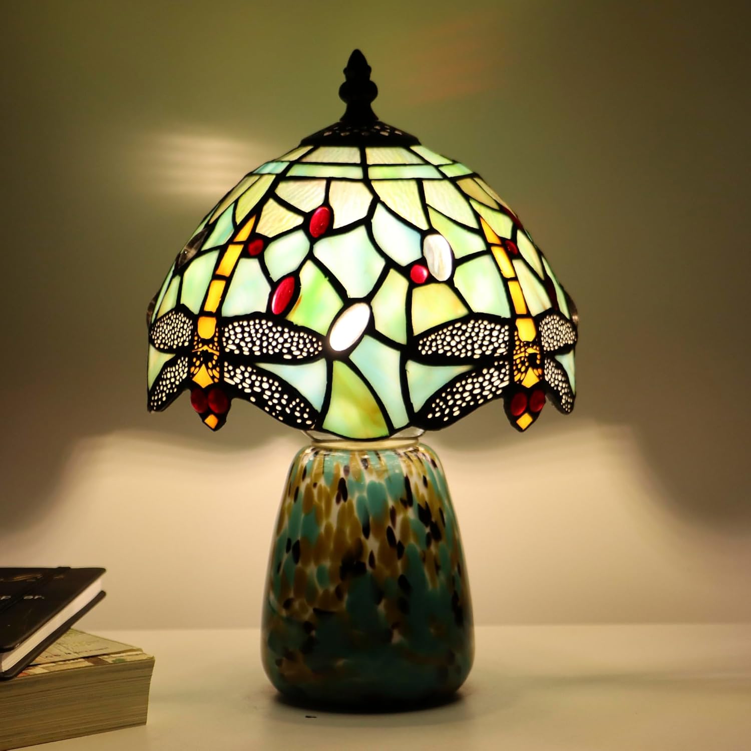 Tiffany Mushroom Table Lamp Dragonfly Style Blue Stained Glass Accent Lamp Brown Blue Glass Base 8X8X12 Inch