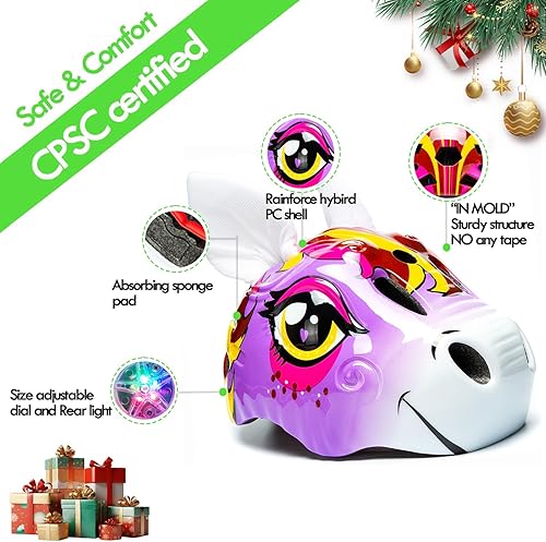 Miniatura 2 de Casco de bicicleta de unicornio para niñas con luz trasera 3D unicornio CPSC y CPSIA certificado de seguridad aproximadamente de 2 a 8 años
