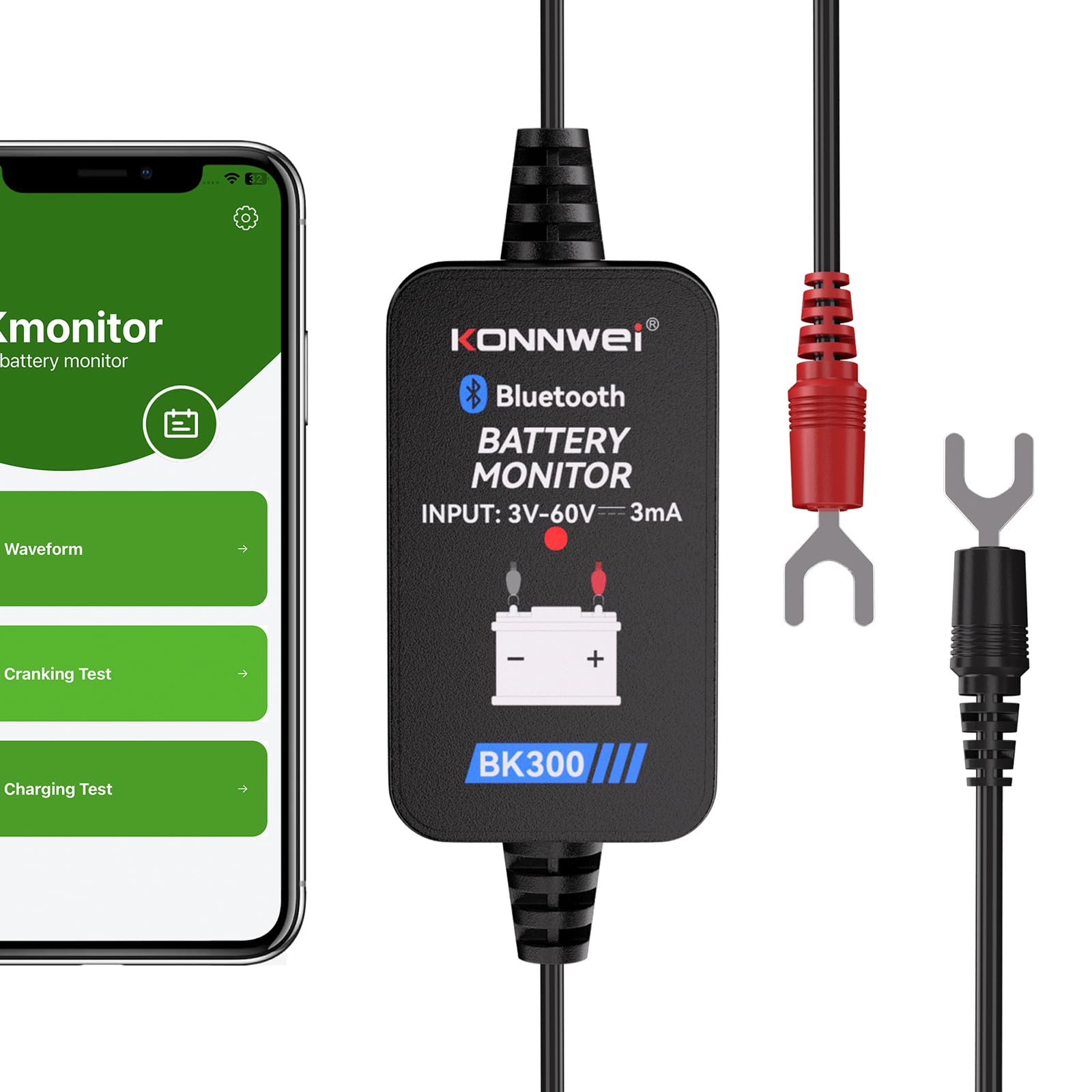 KONNWEI Bluetooth Battery Monitor 12V 24V 48V 60V Car Battery Tester, Free APP, Bluetooth 5.2 chip, Support Voltage/Starting/Charging Test Function. Suitable for Car/RV/Motorcycle/Truck/Boat